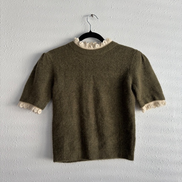 NWT ZARA Olive Green Alpaca Wool Blend Ruffle Collar Short Sleeve Sweater - Picture 3 of 7